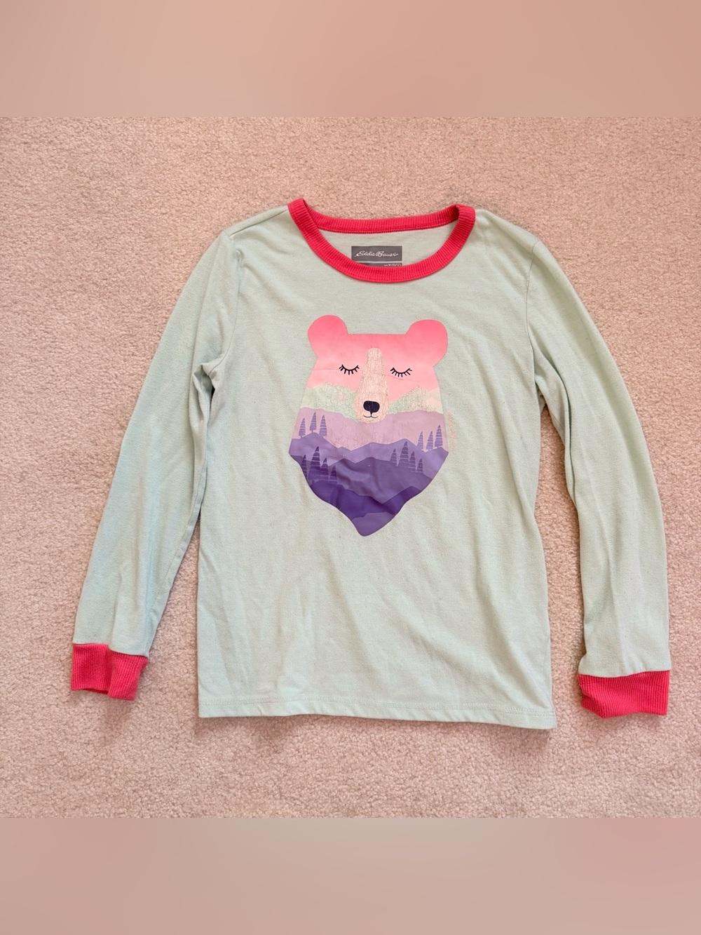 Eddie Bauer Mint Long-Sleeve Top with Pink Trim and Purple Bear Graphic